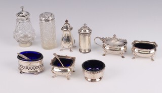 A Victorian silver mounted hexagonal condiment Sheffield 1851, 8 other condiments, weighable silver 212 grams 