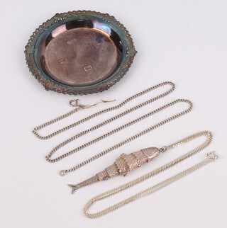 A circular silver pin tray Birmingham 1975 9cm, a silver articulated fish pendant and 2 necklaces, 74 grams