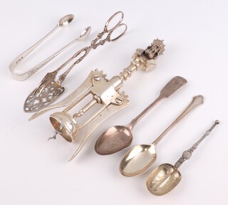 A Gucci silver plated wine bottle opener with mask handle and other items of cutlery, weighable silver 120 grams 