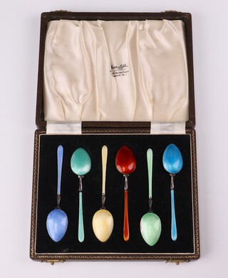 Six silver and guilloche enamel coffee spoons Birmingham 1953 