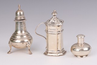 An Edwardian silver baluster pepper London 1923, 2 others, mixed dates and makers, 160 grams 