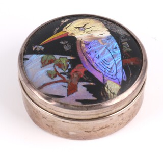 A circular silver trinket box with butterfly wing in the form of a Kingfisher Birmingham 1949, 5cm 