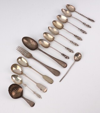 A Georgian silver caddy spoon with shell bowl and monogram, minor cutlery, weighable silver 120 grams 