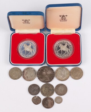 Two 1977 silver commemorative crowns and minor pre-1947 coinage including a 1708 Queen Anne crown