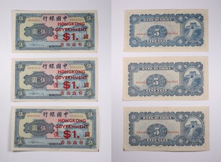 Three Emergency Issue Hong Kong Government $1 notes overprinted on Chinese 5 yuan banknotes all running in sequence B045651,B045653, B045652.  The notes were issued in 1941 shortly before the surrender of British forces to the Japanese Army. 
The vendor's father Ronald Sleap was based on Hong Kong from 1938 working for AS Watson.  During the war he was a Lieutenant in the 3rd Artillery Battalion of the Hong Kong Volunteer Defence force.  Interred by the Japanese in 1941 in Civilian Camp N (a postcard by Mr Sleap from the Internment Camp sold at Spinks for $2200HKD - auction CSS68 lot 615),  later released in 1945 he remained in Hong Kong until 1968.