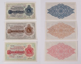 Three Very fine 1960's  Falkland Island banknotes to include fifty pence 25th September 1969 D16661, One Pound 2nd January 1967 E72362, Five Pound 10th April 1960 C56758 