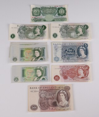 A run of 10 sequential 1 pound bank notes  Chief Cashier Leslie O'Brien 42K 793601 - 42K 793610 and 74 other non sequential one pound notes , 12 five pound notes, 3 ten pound notes and 3 ten shilling notes 