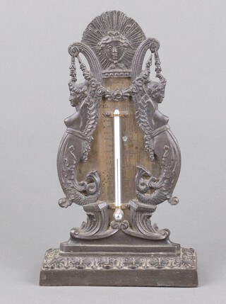 An Empire style French thermometer with steel dial, contained in a bronzed case supported by standing ladies, raised on a square base, the back of the case marked APL 18 1823,  20cm h x 11cm w x 5cm d  