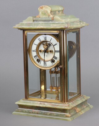 Ansonia, a striking 4 glass clock with 10cm enamelled dial, Roman numerals, visible escapement and gilt twin mercurial pendulum, contained  in an onyx and gilt metal case 35cm h x 20m w x 7cm d