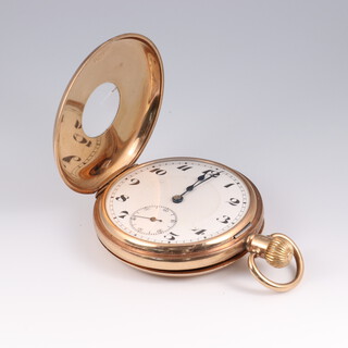A gentleman's 9ct yellow gold half hunter mechanical pocket watch  contained in a 50mm case, the case numbered 17408, 56.5 grams gross 