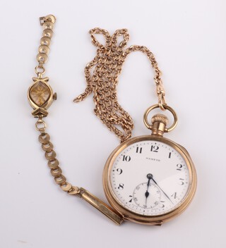 A gold plated Stayte gilt mechanical pocket watch  and chain together with a gilt wristwatch 