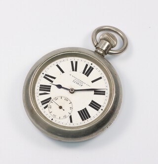 An Army issue metal cased pocket watch, the dial inscribed H Williamson Ltd with seconds at 6 o'clock, the 60mm case numbered 18096F 