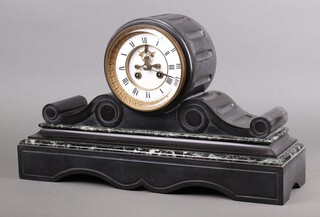A 19th Century French 8 day striking mantel clock, the 11cm enamelled dial with Roman numerals, striking on a bell, the back plate marked 17719, contained in a 2 colour marble case, complete with pendulum and key, 30cm h x 50cm w x 15cm d 