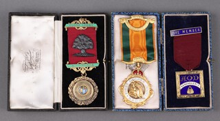 A silver gilt and enamelled Ancient Order of Druids jewel - Globe Lodge no.544, a silver gilt and enamelled Ancient Order of Druids Benevolence Life Members jewel, a gilt metal and enamelled Royal Antideluvian Order of Buffalos 2nd Degree jewel Ronald Lodge IB 