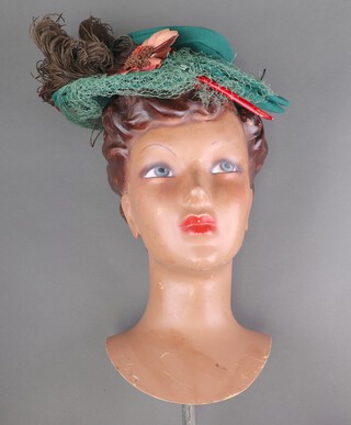 A 1930's shop display mannequins head 35cm h x 27cm together with a Regine French felt hat 