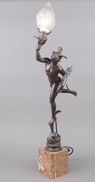 After Giambolgana, a bronze figure of Mercury raised on a marble base, converted to a table lamp 71cm h  