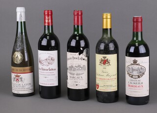 A bottle of Chateau Tayac-La-Rauza Margaux 1984, a bottle of Vieux Chateau Mazeral Saint-Emilion Grand Cru 1982, bottle of Chateau Calmeilh Bordeaux 1985, bottle of Vieux Chateau Guinean Pusseguin-Saint-Emilion 1990 (all red) and a bottle of Coteaux du Layon Rocchefort 1982 white wine 