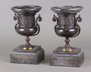 A pair of Victorian black polished marble and bronze mounted urns on square bases 23cm h x 12cm (formerly part of a clock garniture) 