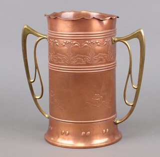 An Art Nouveau Continental embossed copper and brass twin handled vase of waisted form, the base cast stylised flower heads 25cm x 16cm 