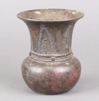 A Chinese archaistic bronze bell shaped vase with leaf decoration 14cm x 12cm 