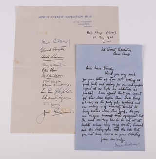 A letter from Mount Everest Base Camp signed by all members of the British 1936 Everest Expedition dated "1st May 1936" -  together with covering letter from Team leader Hugh Rutledge explaining to the requestee of the signatures that this was the highest point they could offer autographs as above base camp the team is scattered and writing are limited to diary entries alone
