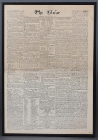The Globe and Traveller dated June 28th 1838 no.11168 "The Coronation of Her Majesty Queen Victoria This Day" 61cm x 42cm, framed 