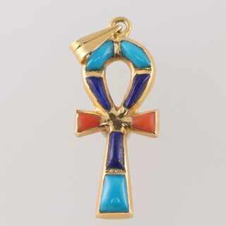 An 18ct yellow gold hardstone set Russian cross pendant 2.5 grams