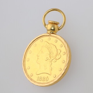 An 1880 gold Liberty head 10 dollar coin in a 3.6 gram 22ct gold mount 