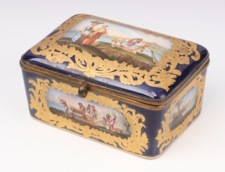 A 19th Century Sevres style porcelain trinket box with panelled decoration, decorated fisher folk, the base with cypher mark B, 6cm x 14cm x 9cm 