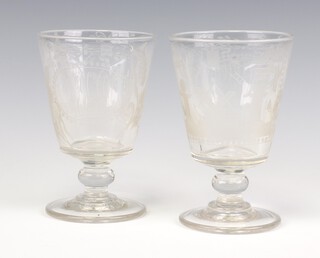 Of Masonic interest, a pair of 19th Century etched glass rummers, decorated square and compasses, columns, working tools, marked RWW WP 