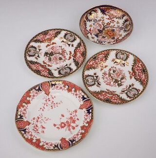 An 18th Century Crown Derby Imari pattern bowl 14cm (cracked), a Victorian Royal Crown Derby Imari pattern  porcelain plate 2412 6 17cm, a Royal Crown Derby  plate 383 15cm and a similar plate 15cm 