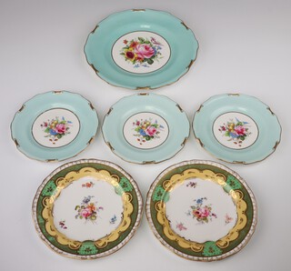 A Royal Crown Derby gilt and turquoise banded plate with floral painted panel to the centre A277 22cm, 3 matching side plates 15cm and a pair of Royal Crown Derby  green and gilt banded porcelain plates with rose decoration 5283 