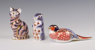Three Royal Crown Derby Imari pattern paperweights - seated cat LI with gold stopper 13cm, standing squirrel LIII silver stopper 11cm and pheasant (2nd) XLIX (stopper missing) 