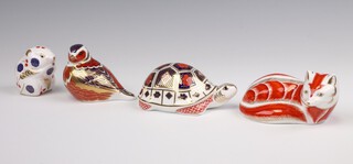 Four Royal Crown Derby Imari pattern paperweights - seated fox LIII with silver stopper 5cm, mouse silver stopper 6cm, tortoise XLIX (no stopper) 5cm, seated bird LII (2nd, no stopper) 7cm 