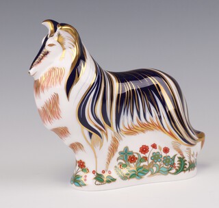 A Royal Crown Derby Imari pattern paperweight - Rough Collie MMIII with gold stopper 14cm 