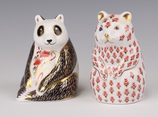 Two Royal Crown Derby Imari pattern paperweights - panda XL with gold stopper 11cm, mammal LII gold stopper 12cm 