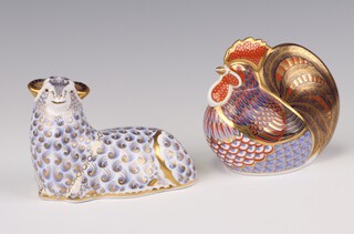Two Royal Crown Derby Imari pattern paperweights - cockerel LVI with gold stopper 10cm, ram LV gold stopper 8cm 