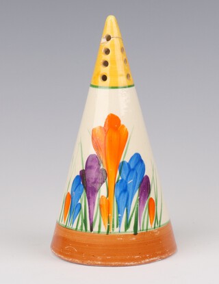 A Clarice Cliff Bizarre crocus pattern sugar sifter of conical form 14cm h 