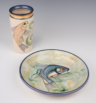 Adrian Brough (born 1962), a faience style pottery plate decorated a fish 26cm AGB 09, together with ditto vase  AGB 00 20cm