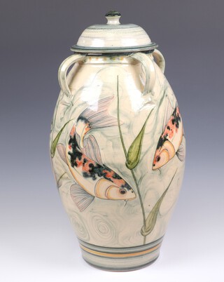 Adrian Brough (born 1962), a 4 handled pottery urn and cover decorated diving fish 48cm 