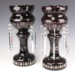 A pair of 20th Century red Bohemian and overlay glass lustres with cut glass hanging drops 37cm h 