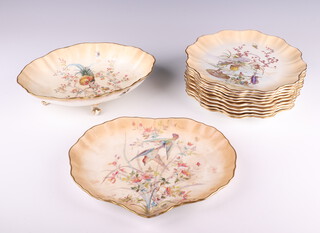 A 12 piece Doulton Burslem blush ground and floral patterned dessert service comprising oval bowl (damage to feet), heart shaped bowl  and 10 circular plates (all items ring cracked), marked Doulton Burslem RD7067 C.1234 