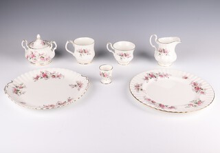 An 81 piece Royal Albert Lavender Rose pattern tea/dinner service comprising 12 dinner plates, 12 tea plates (10 seconds), bread plate, 11 bowls (8 seconds), 3 small bowls (seconds), milk jug, sugar bowl (both seconds), 9 mugs (all seconds), 12 cups (8 seconds), 12 saucers (6 seconds), small cup, small saucer, 5 egg cups 