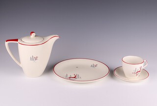 A 1950's 24 piece Crown Devon dinner service decorated leaping deer comprising bread plate, 6 side plates, butter dish (lid cracked), oval dish, coffee pot, cream jug, sugar bowl (cracked), 3 tea cups, 3 saucers (2 cracked), 3 coffee cups (cracked), 3 saucers and a similar tureen and cover 