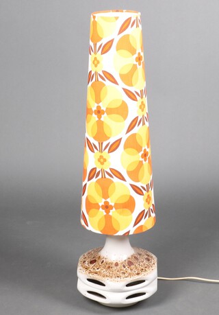 A mid-Century hexagonal white and brown glazed pierced pottery table lamp 30cm with original shade 