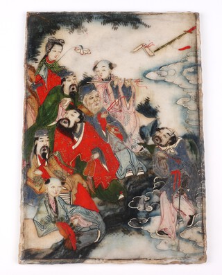 A 19th Century Chinese painted soapstone rectangular panel depicting the eight Immortals, the reverse with characters and seal marks, unframed 29cm x 20cm 