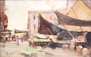 Oscar Ricciardi (Italian,1864-1935), oil on board signed, a market scene with figures 16cm x 23cm 