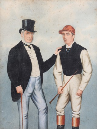 Attributed to Richard Dighton (British, 1795-1880) - Honour & Talent (Lord Falmouth and Fred Archer), 19th Century watercolour with ink and gouache, inscribed verso, 20cm x 15cm, within a gilt composition frame. Note: Fred Archer, a renowned English flat race jockey of the Victorian era, was hailed as "the best all-round jockey that the turf has ever seen." As a retained rider for Lord Falmouth, he secured more than half of his British Classic Races victories