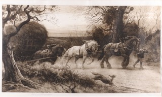Herbert Thomas Dicksee (British 1862-1942), etching, horses pulling a hay cart, monogrammed and dated 1925, signed in pencil, printed by Frost and Reed 33cm x 57cm 
