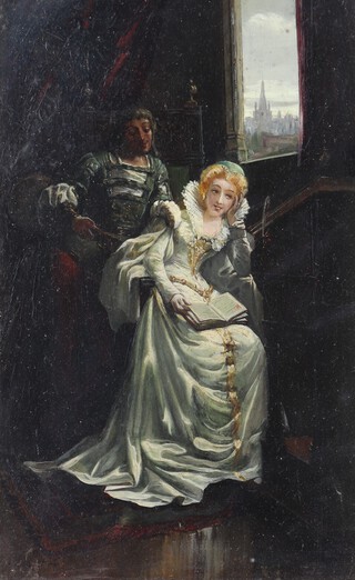 A 19th Century oil on panel unsigned, interior scene with a lady and gentleman with distant views from window to a city, 27cm x 17cm 